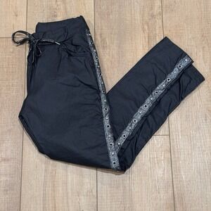 Y2K Rhinestone Track Pants Glam Athleisure Black Italian Joggers Crinkle READ